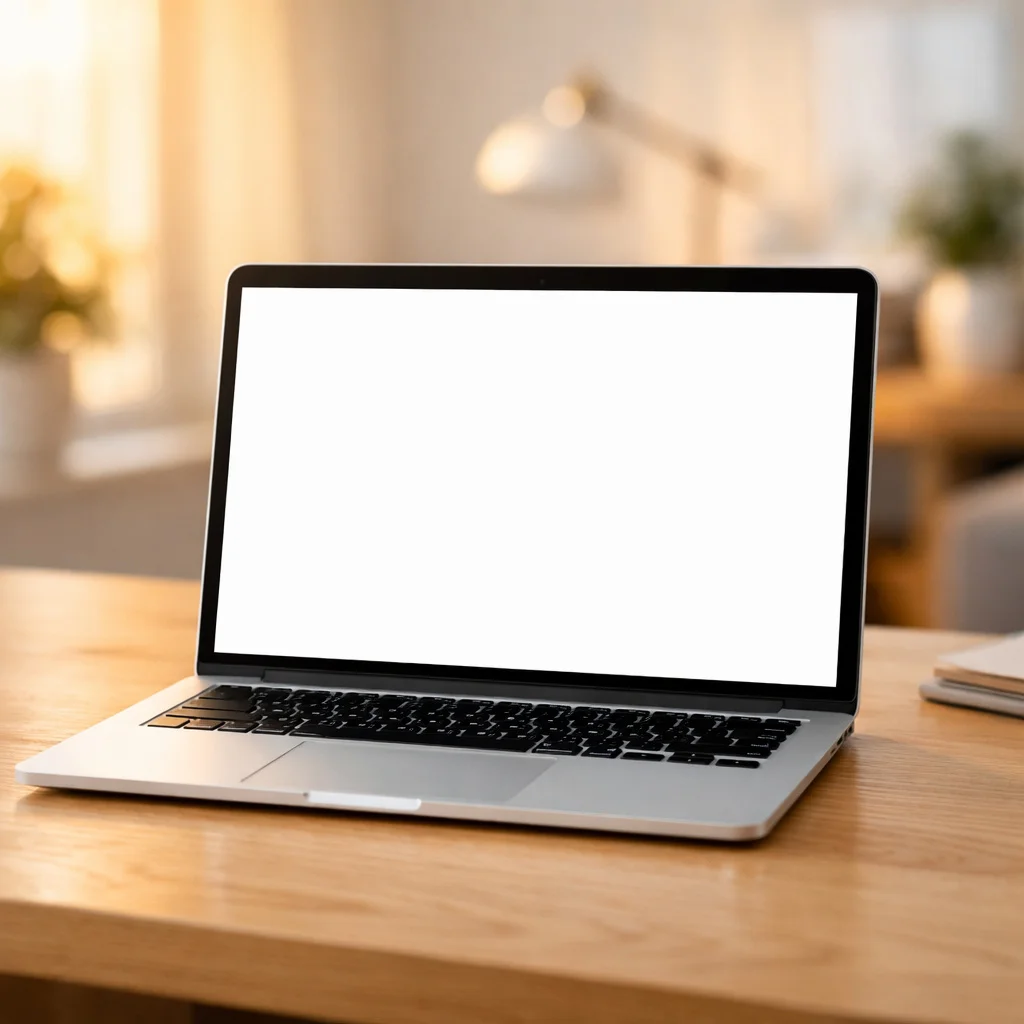 Laptop Screen Mockup on Wooden Desk - Home Office Scene