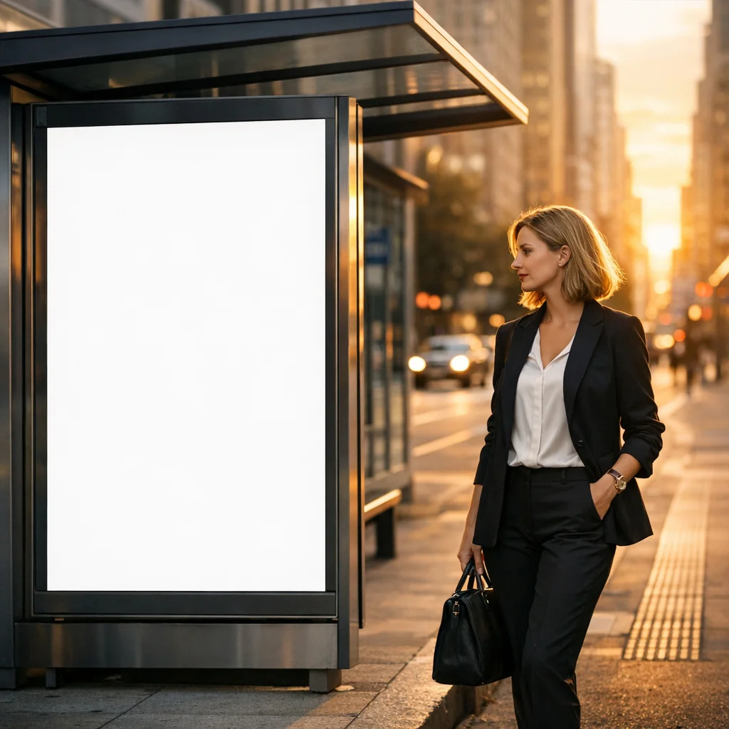 Bus Stop Billboard Mockup - Urban City Poster Scene