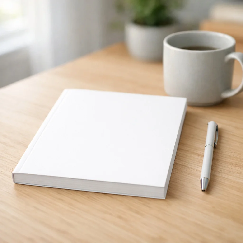 White Notebook, Pen and Coffee Mug Mockup - Office Scene