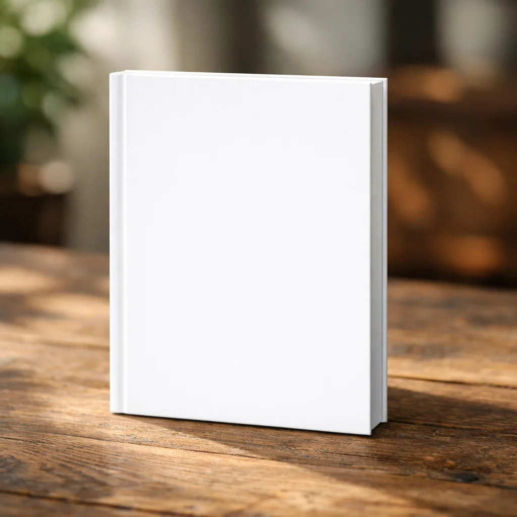 White Hardcover Book Mockup on Wooden Table