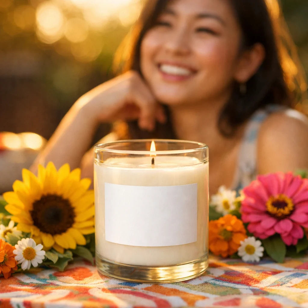Lifestyle Candle Jar Mockup in Sunny Garden