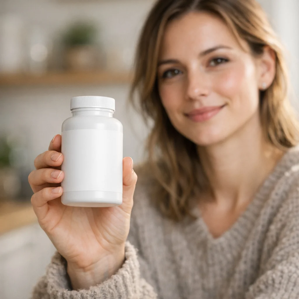 Woman Holding White Supplement Pill Bottle Mockup