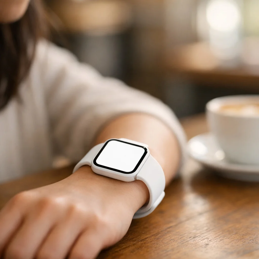 White Smartwatch and Coffee Cup Mockup - Lifestyle Scene