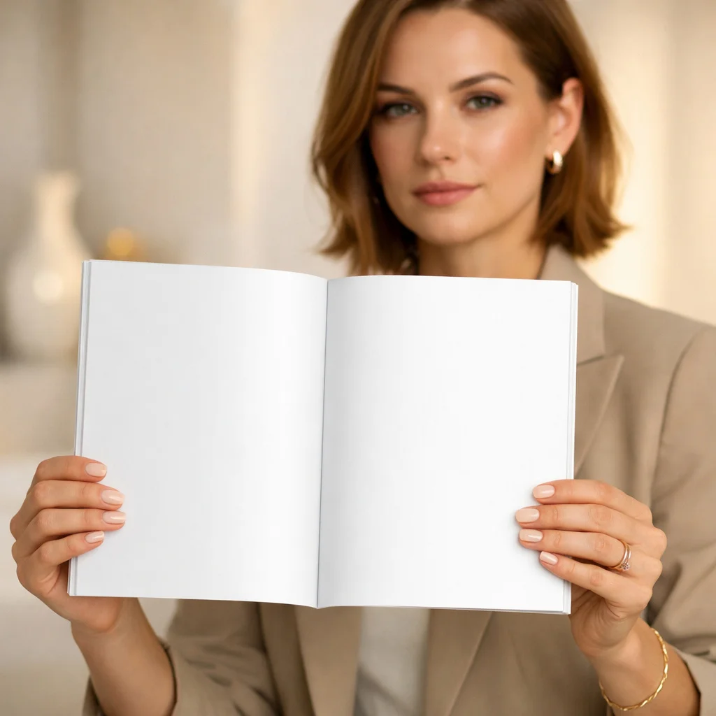 Open Magazine Mockup Held by Professional Woman