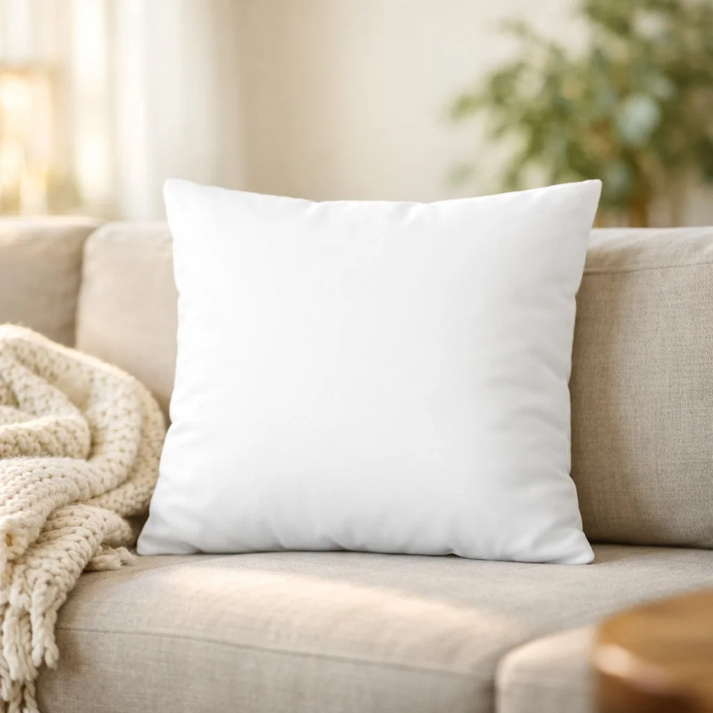 White Square Throw Pillow Mockup on Cozy Living Room Sofa