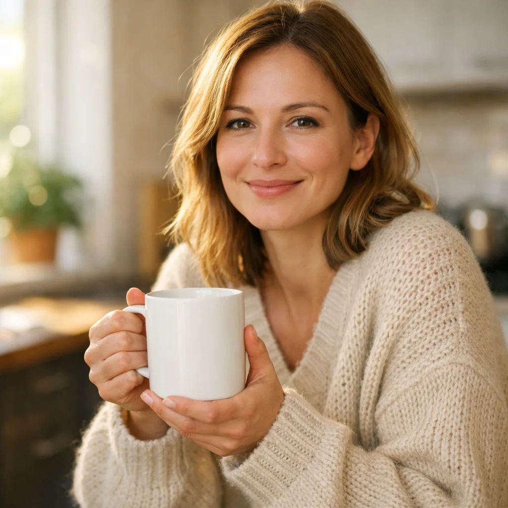 Cozy White Mug Mockup - Woman in Knit Sweater