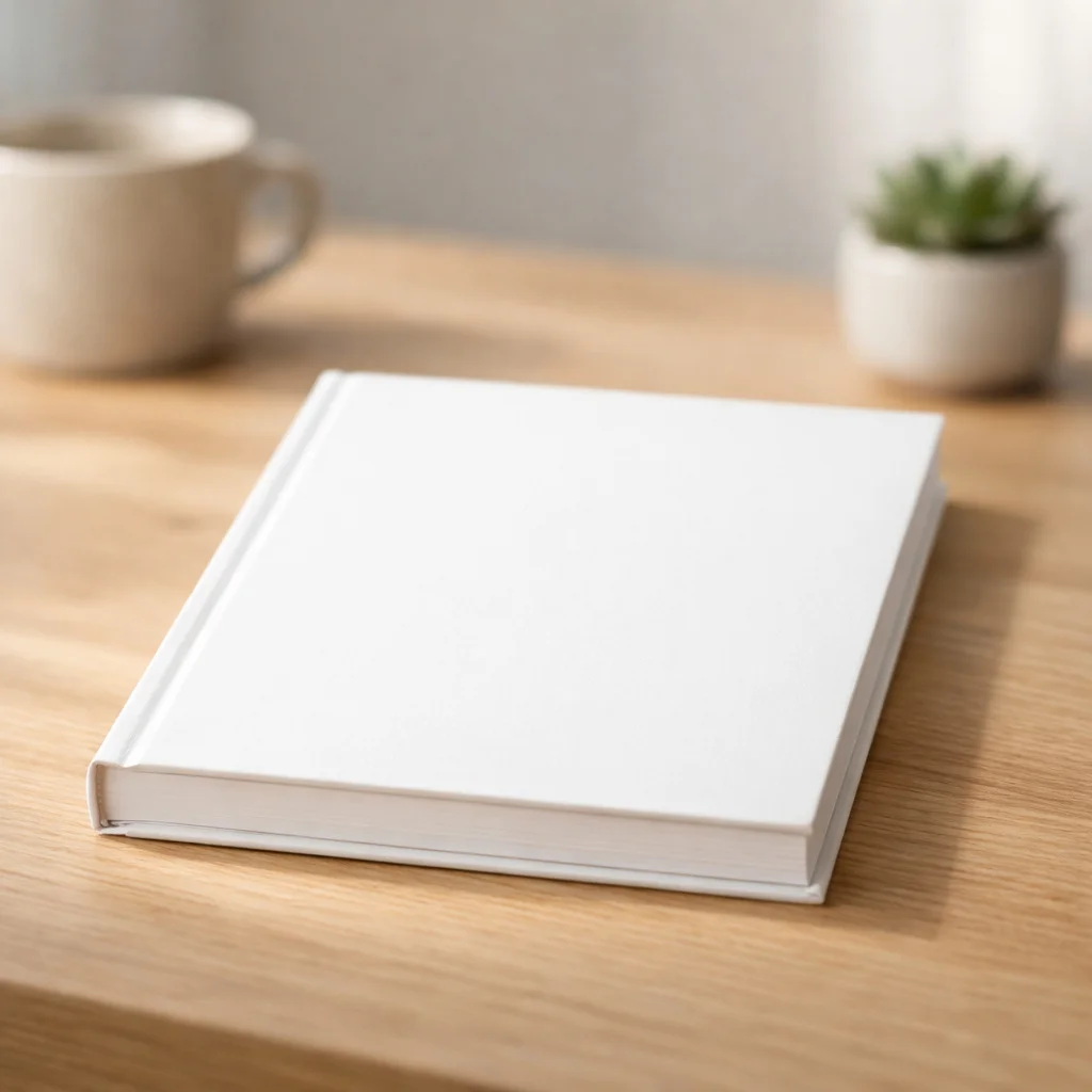 White Hardcover Book Mockup - Minimalist Desk Scene