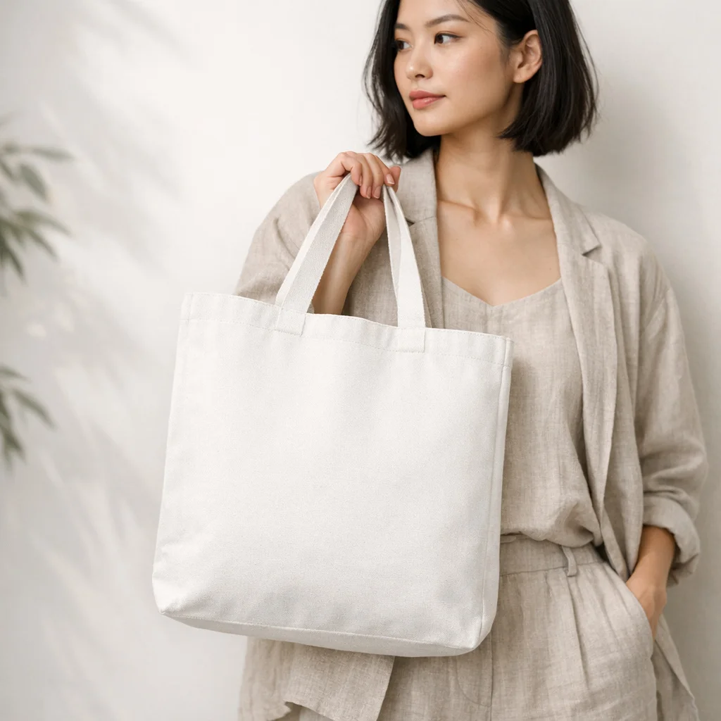 White Canvas Tote Bag Mockup - Minimalist Lifestyle Scene