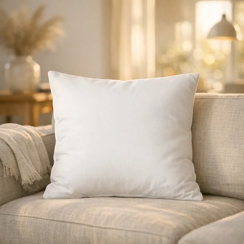 White Square Throw Pillow Mockup on Cozy Sofa