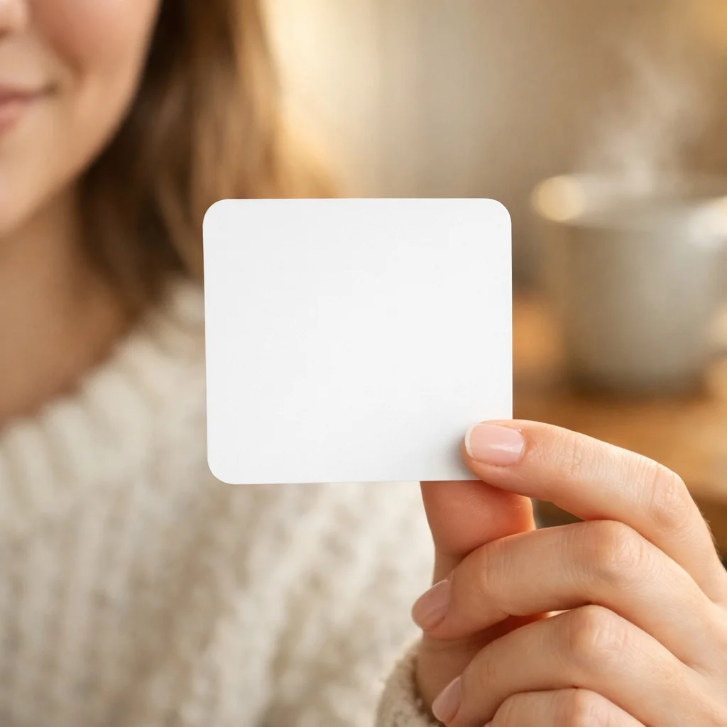 Square Card Mockup - Woman Holding Blank Note Card