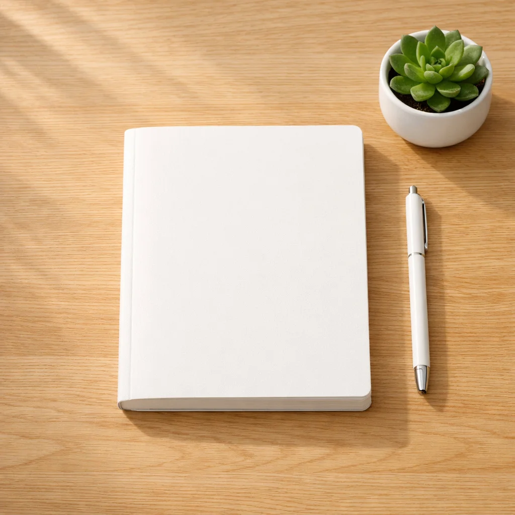 White Notebook and Pen Stationery Mockup on Wooden Desk