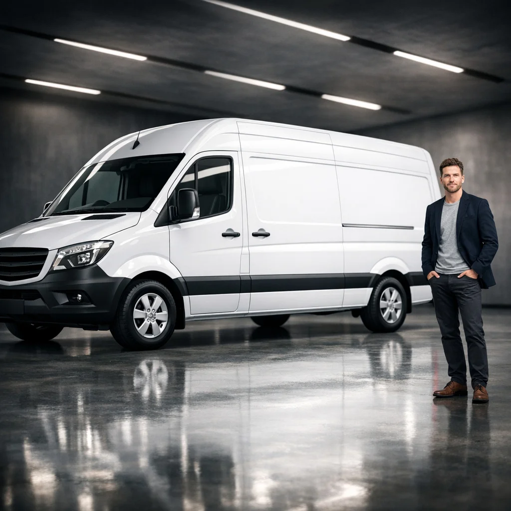 White Delivery Van and T-Shirt Mockup with Male Model