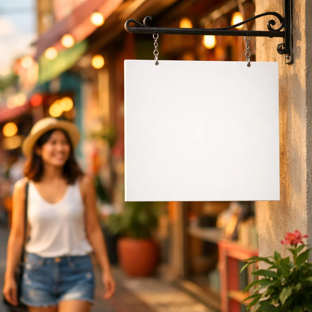 Blank Hanging Shop Sign Mockup - Outdoor Street Scene