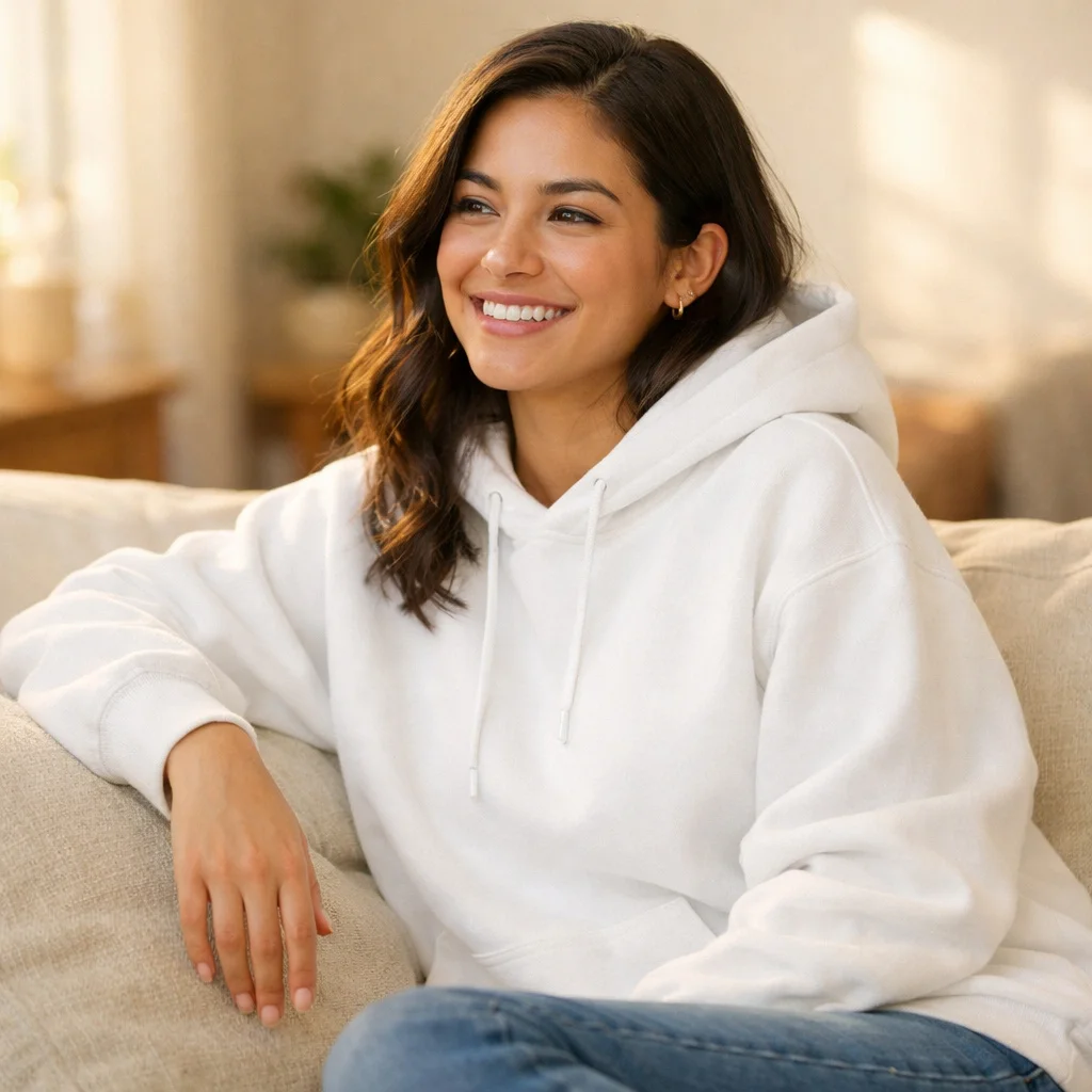 Woman in White Pullover Hoodie Mockup - Lifestyle Scene