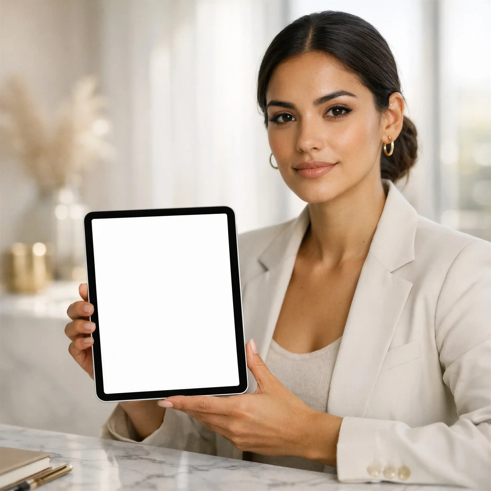 Professional Tablet Mockup - Woman in Office Setting