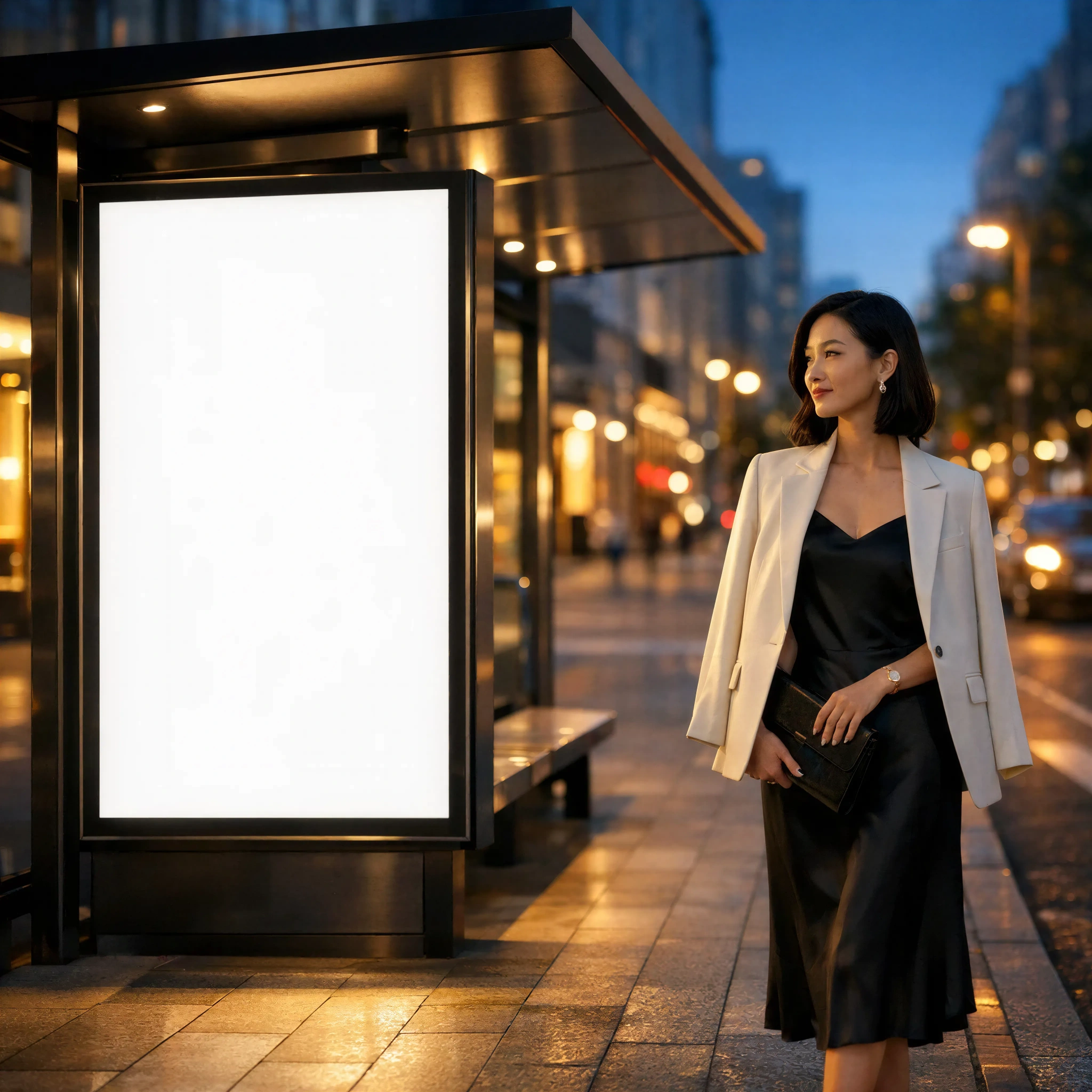 Urban Bus Stop Billboard Mockup at Night with Model