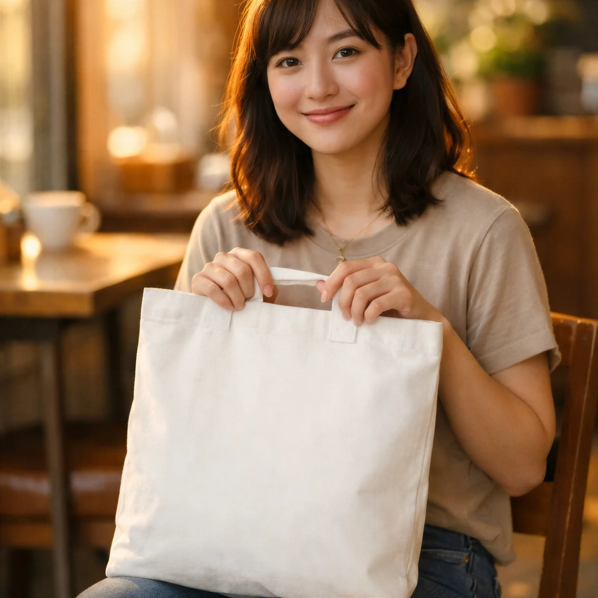 White Tote Bag and T-Shirt Mockup - Cafe Lifestyle Scene