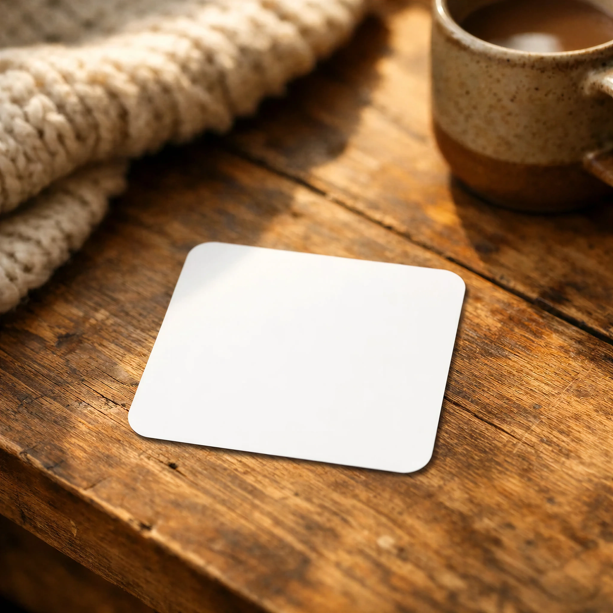 Square Coaster Mockup - Cozy Rustic Lifestyle Scene