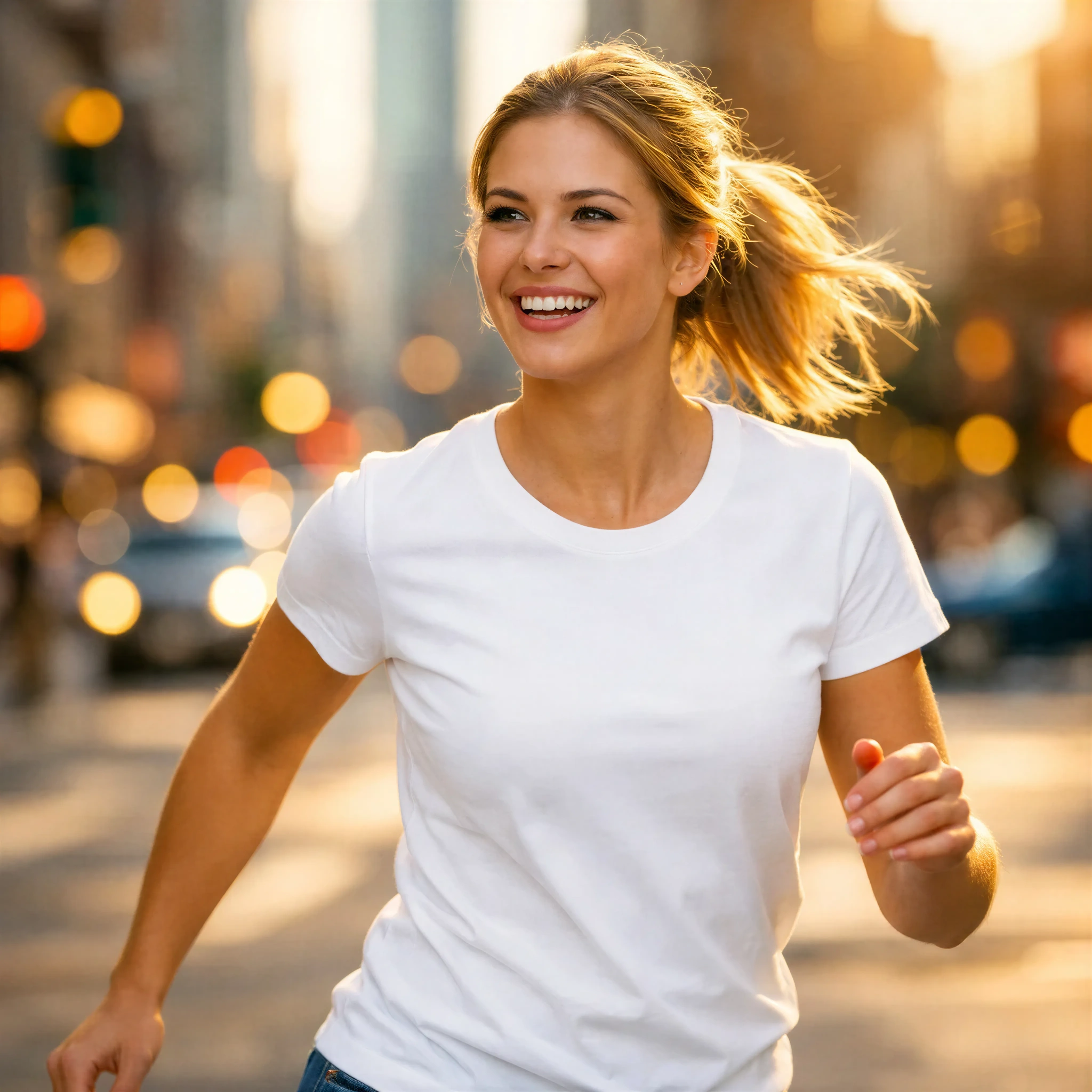White T-Shirt Mockup - Woman Jogging in City