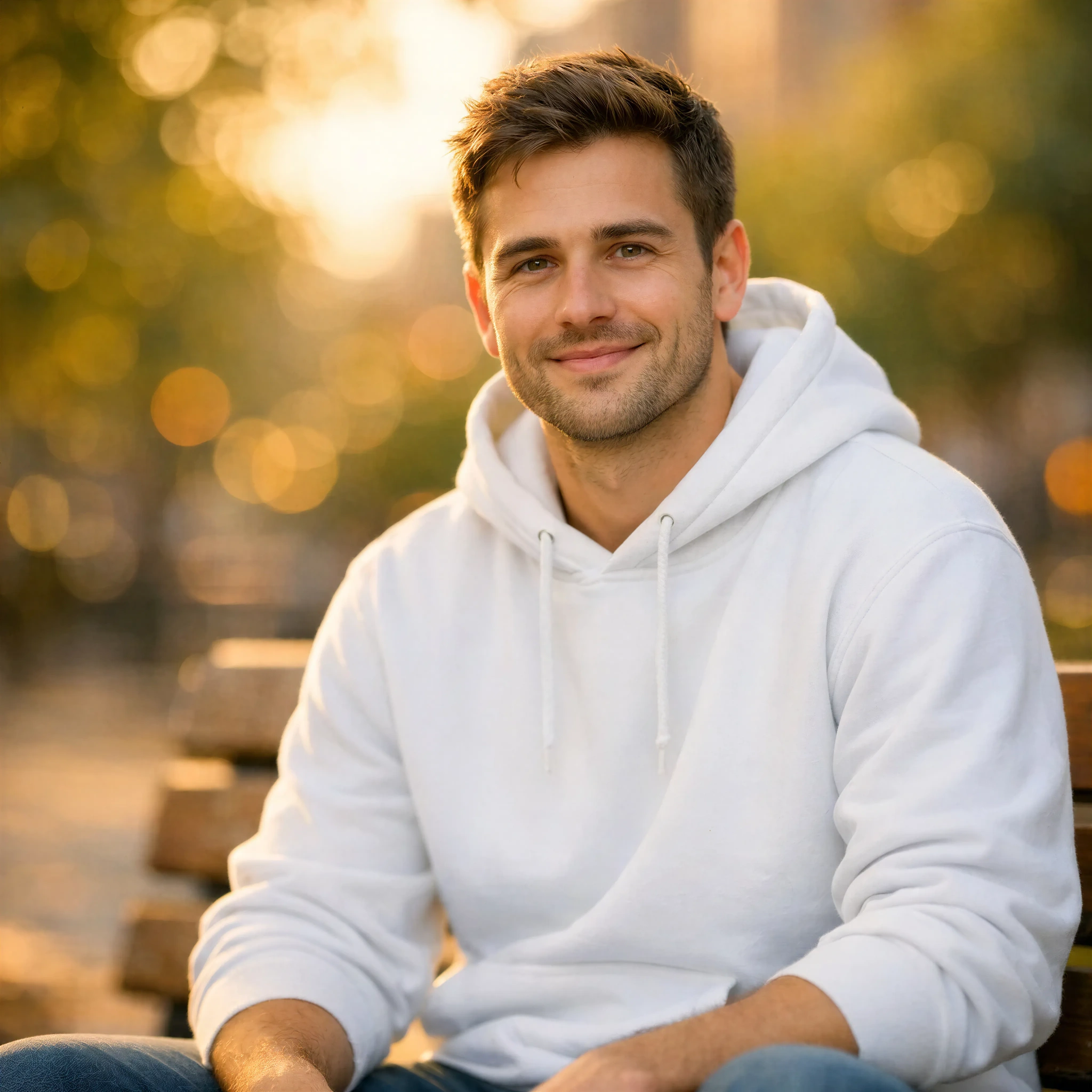 White Hoodie Mockup - Smiling Male Model in Park
