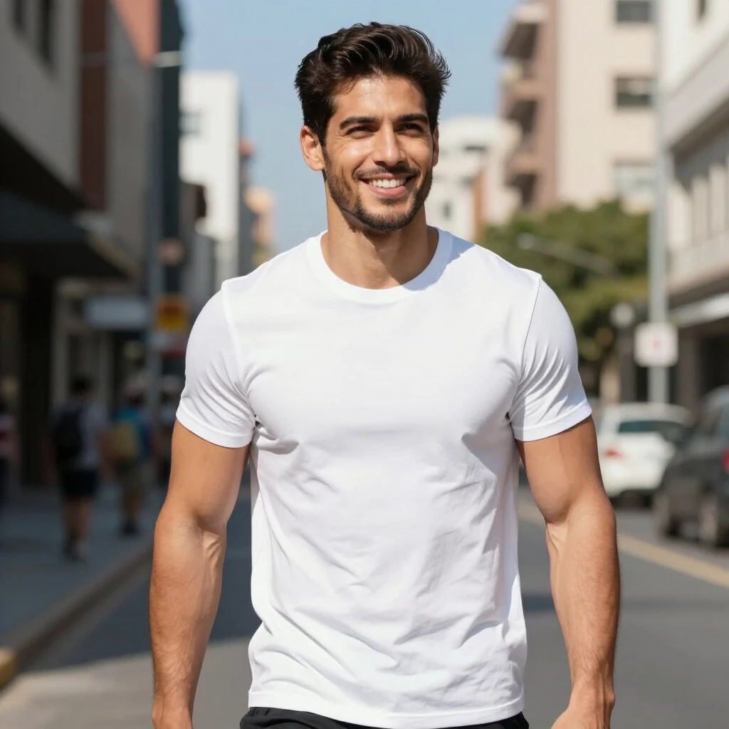 Smiling Man in Urban T-Shirt Mockup - Lifestyle Scene