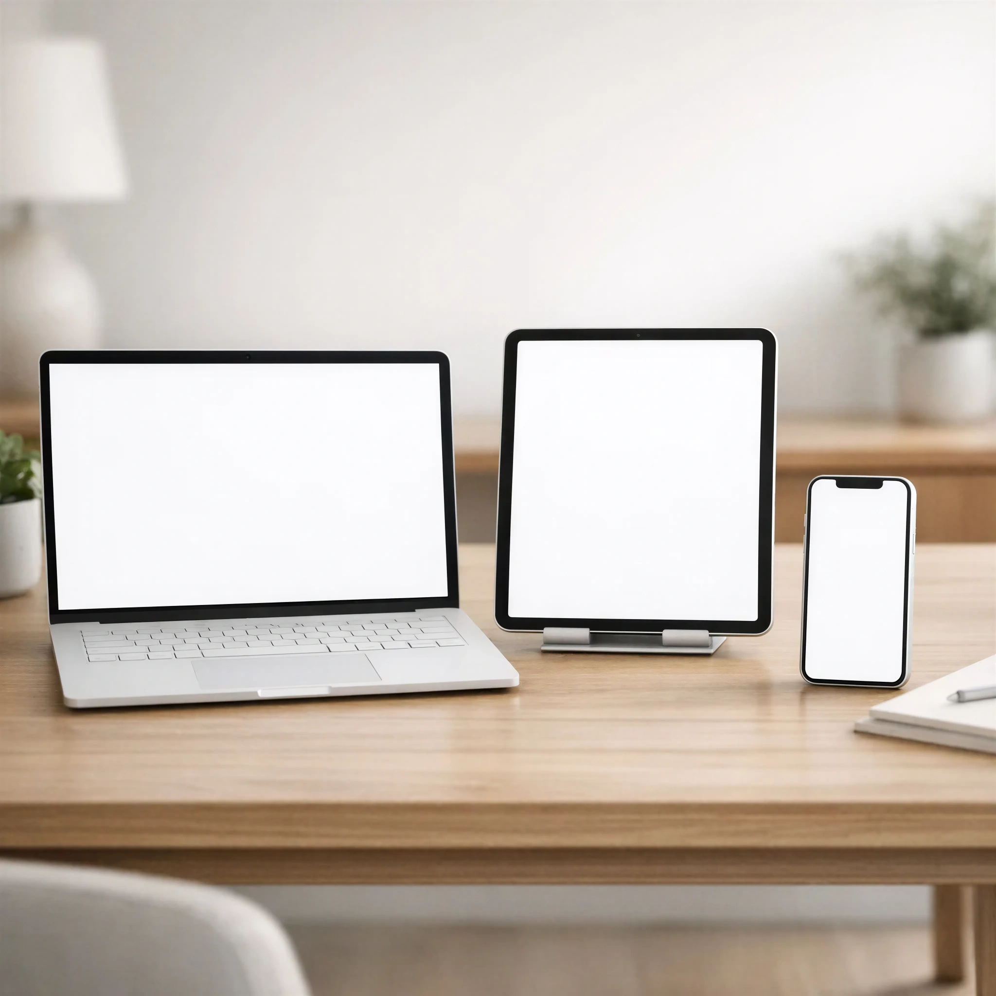 Multi-Device Mockup: Laptop, Tablet & Smartphone on Desk
