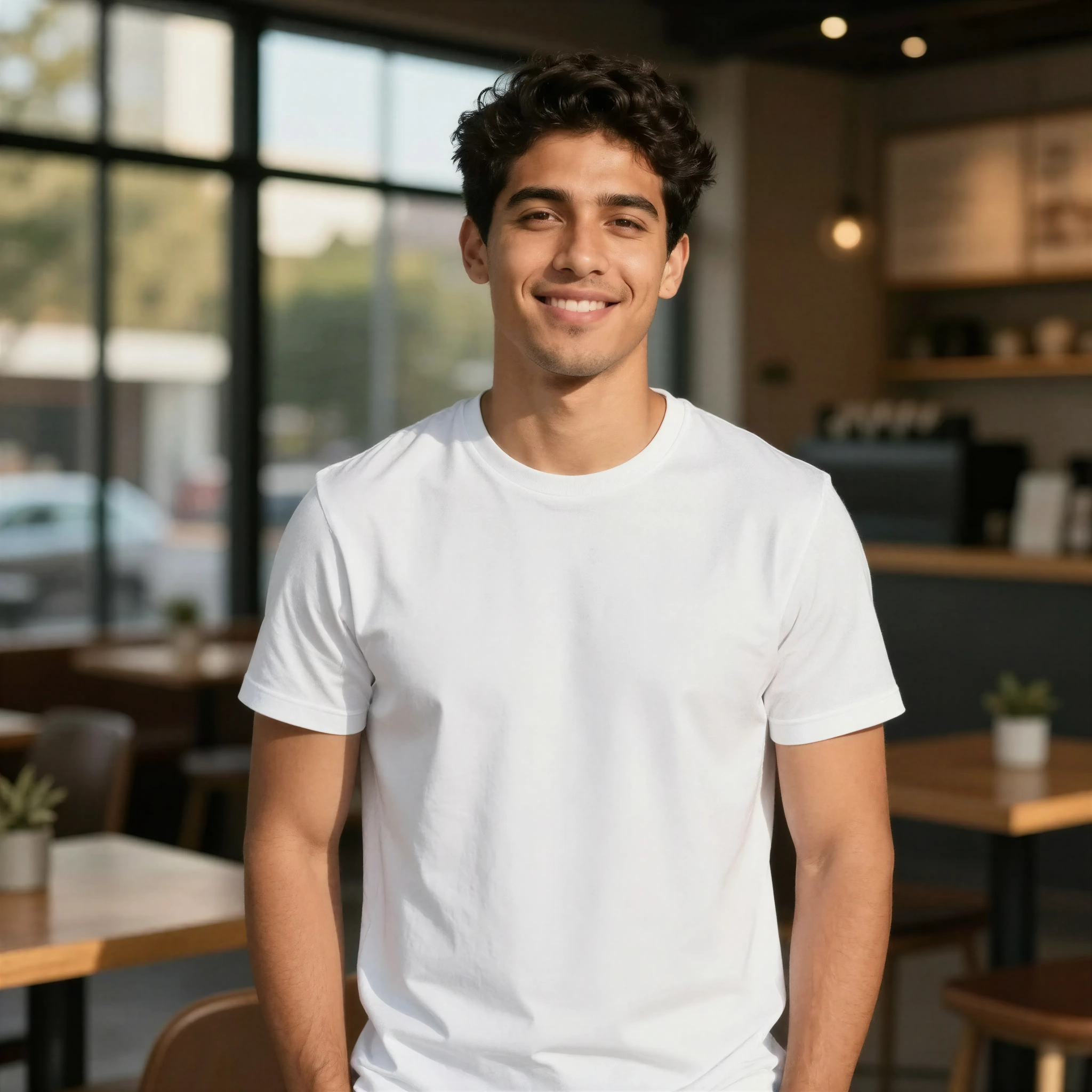 T-Shirt Mockup in Cafe Setting - Lifestyle Scene