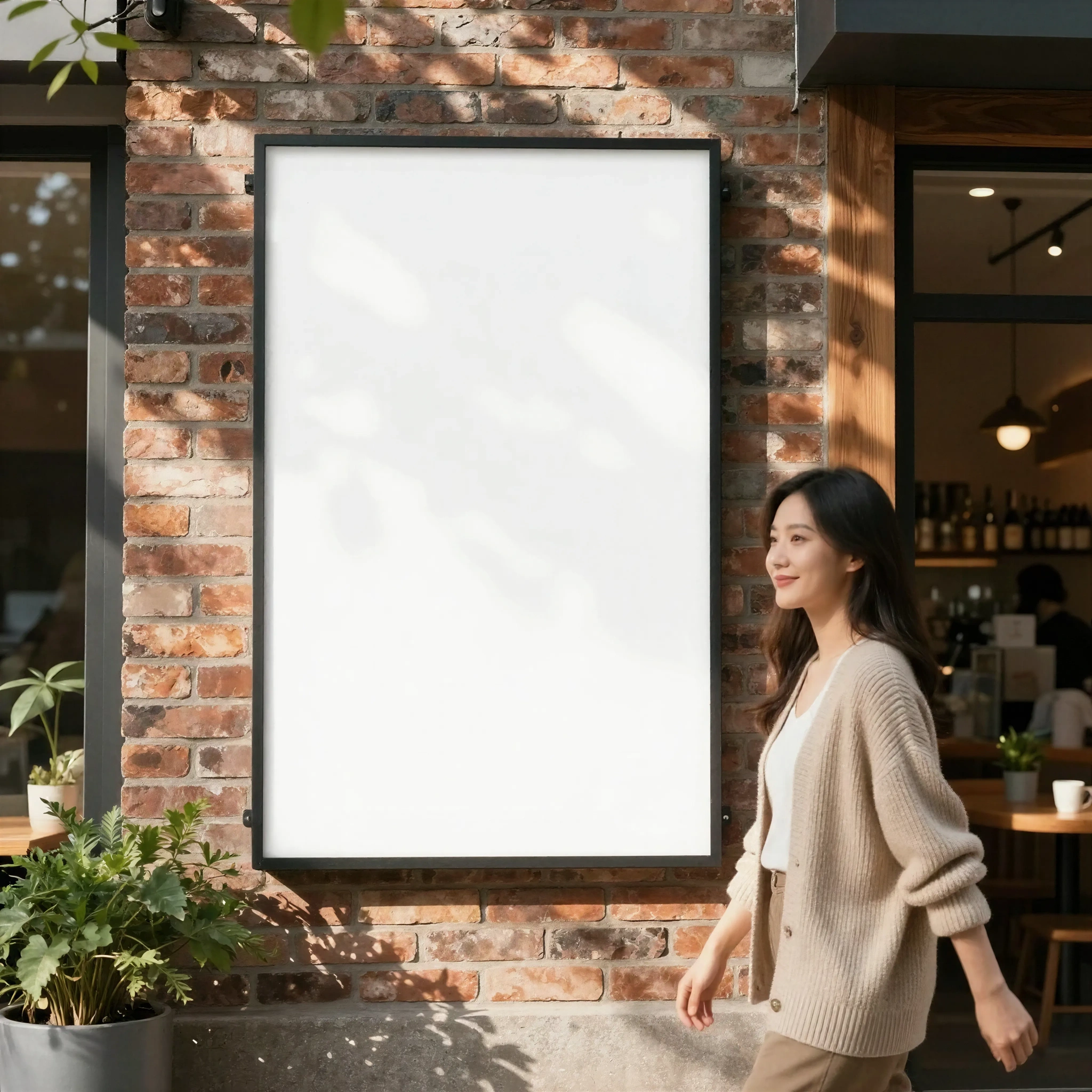 Poster Mockup with Woman in Cafe - Lifestyle Scene
